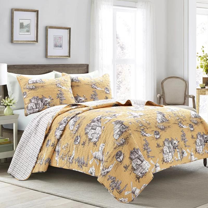 French Country Toile Yellow & White Cotton Full Quilt Set