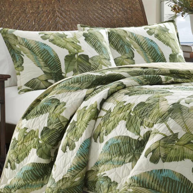 Twin White Cotton Reversible Quilt Set with Green Palm Design