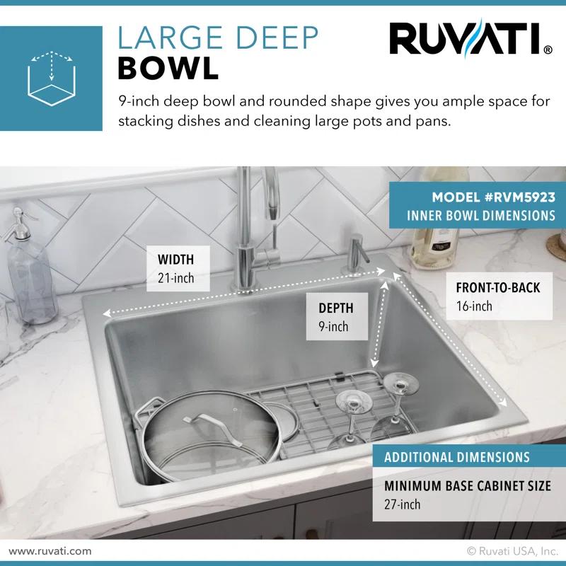 Ruvati 23 x 20 inch Drop-in Topmount Kitchen Sink 16 Gauge Stainless Steel Single Bowl