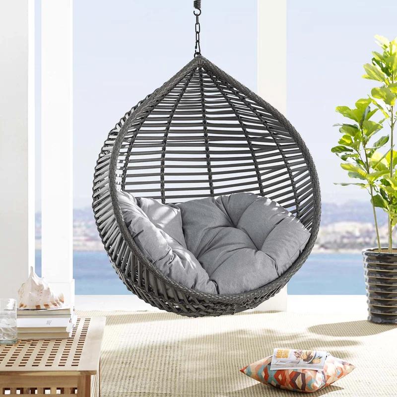 Teardrop Gray Wicker Rattan Hanging Chair with Tufted Cushion