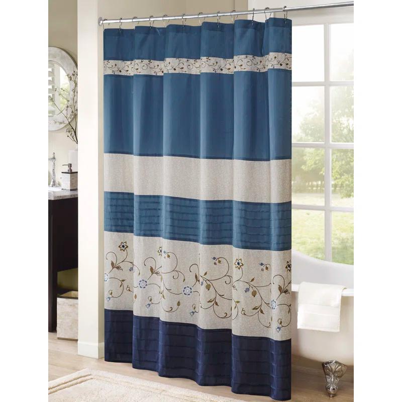Monroe Embroidered Floral Shower Curtain Navy - Madison Park: 100% Polyester, Faux Silk, Machine Washable