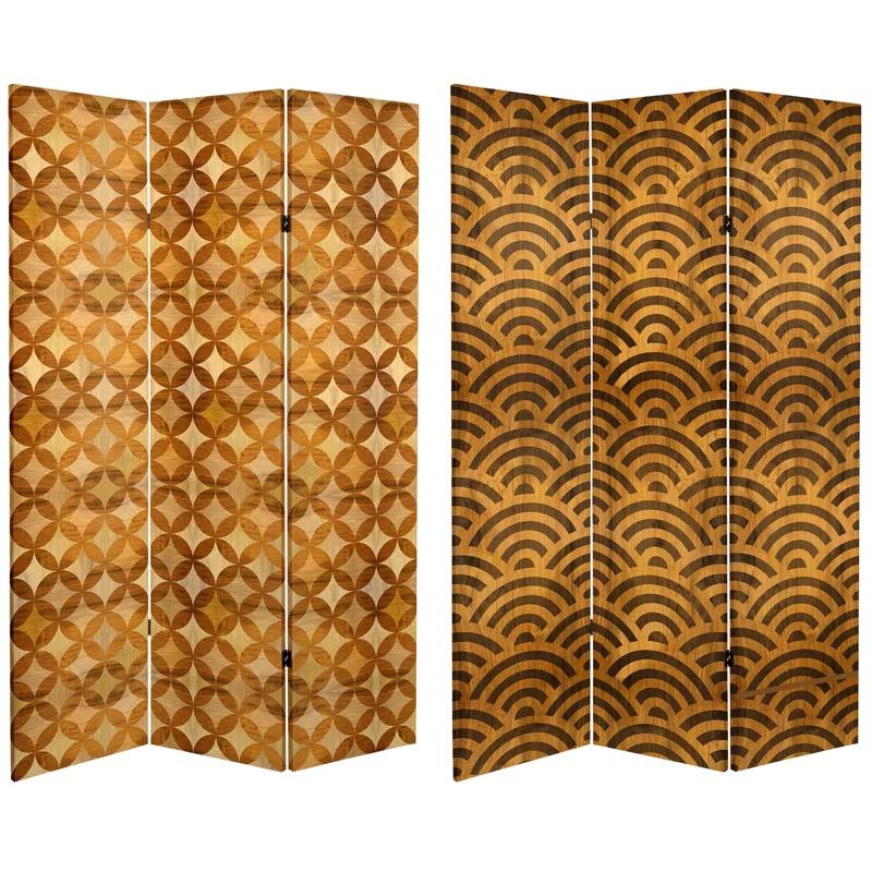 Japanese Kumiko Wave 6-Ft Wood Canvas Folding Room Divider