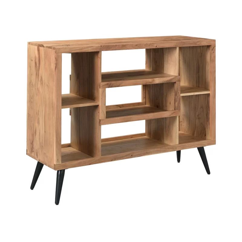 Acacia Natural Wood Geometric Bookcase with Dark Metal Legs