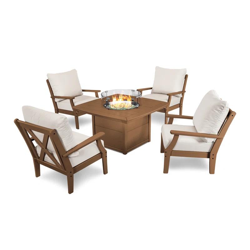 Braxton Teak & Dune Burlap 5-Piece Outdoor Seating Set with Fire Pit