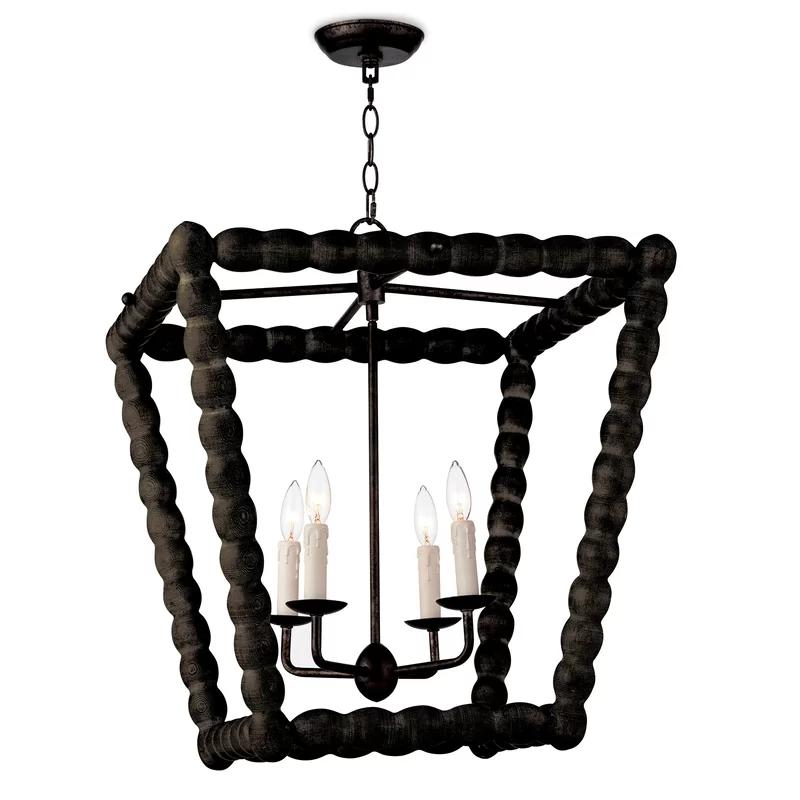 Natural Wood 4-Light Candle Lantern with Clear Cord