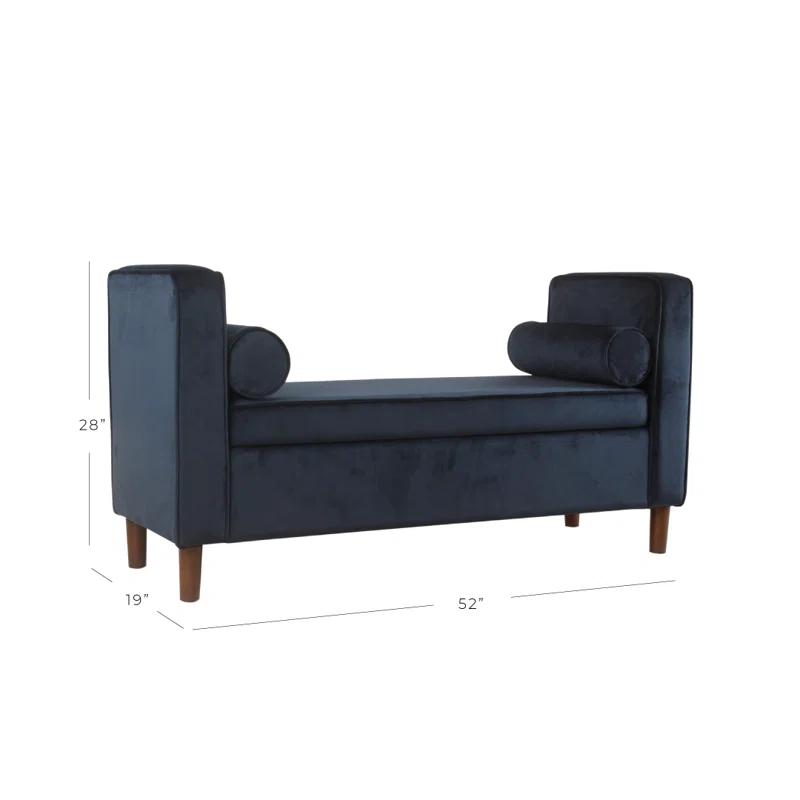 Mid-Century Dark Navy Velvet Storage Bench with Bolster Pillows