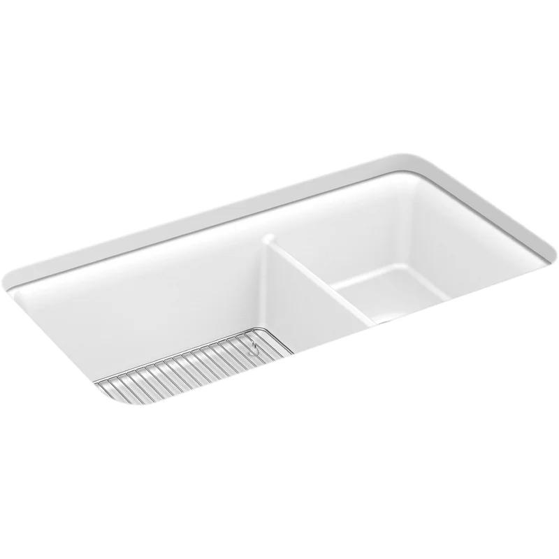 Cairn 33.5" Matte White Double Basin Stone Kitchen Sink with Accessories