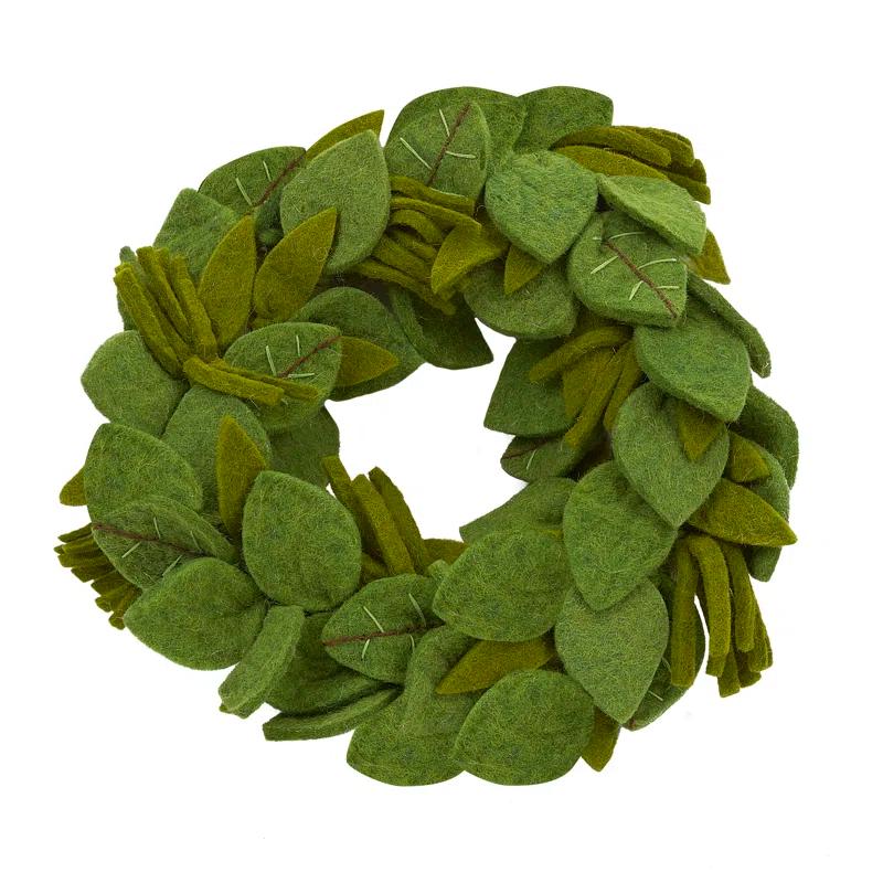 Handmade Green Wool Felt Leaf Wreath with Embroidery - 14"