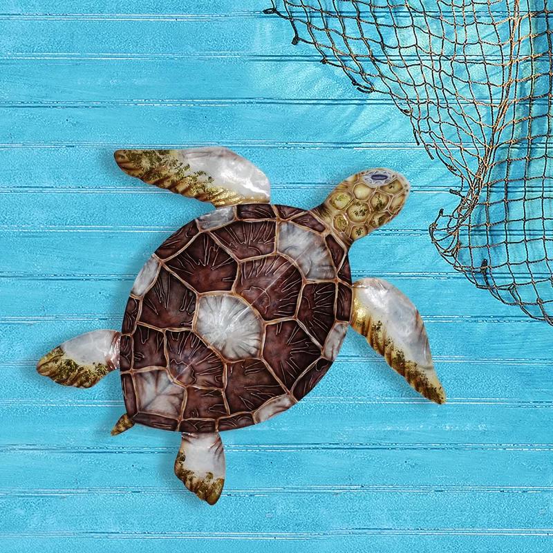 Handcrafted Coastal Loggerhead Turtle Wall Art in Brown Capiz Shell