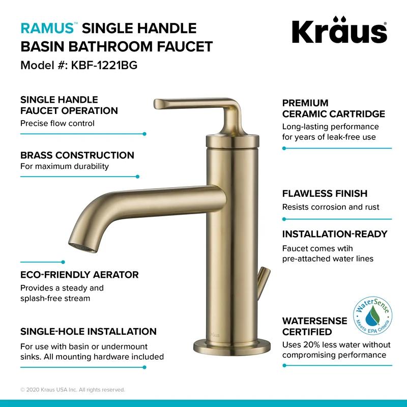 Ramus Modern 7.38" Brushed Gold Bathroom Faucet with Drain