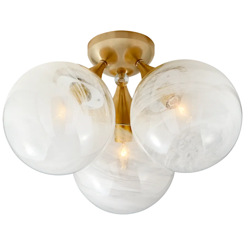 Cristol Triple Flush Ceiling Fixture in White Glass and Antique Brass