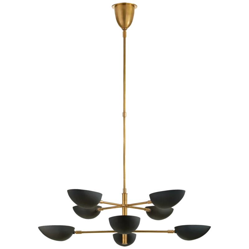 Antiqued Brass Two-Tier Chandelier with Black Shades