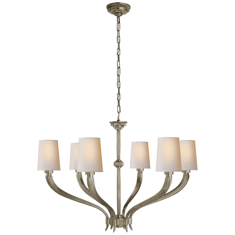 Sinuous Nickel and Crystal 6-Arm Modern Chandelier with Barrel Shades