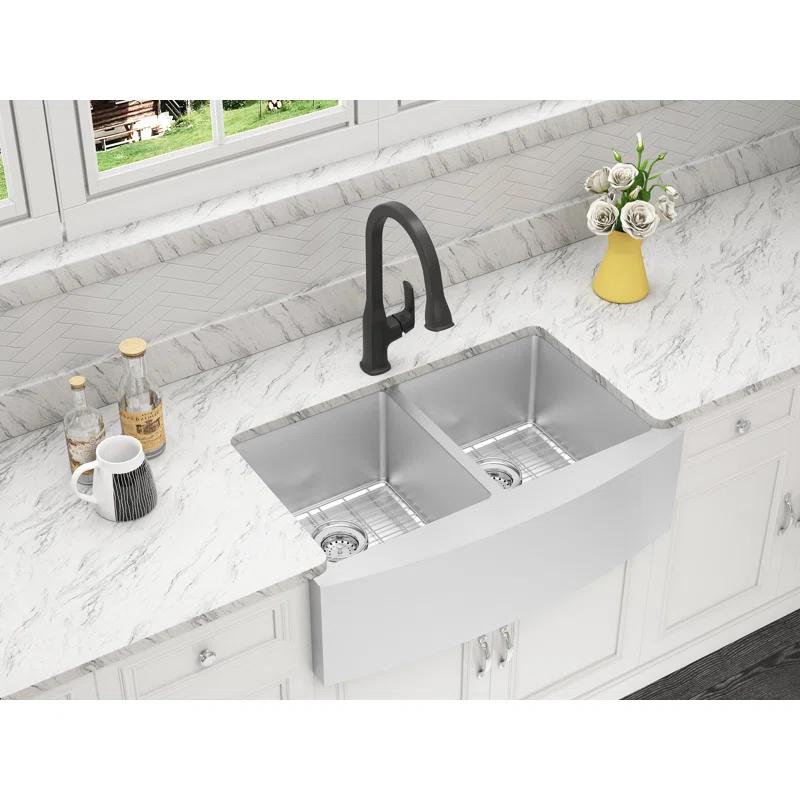 Belleville 33'' L Farmhouse / Apron Double Bowl Stainless Steel Kitchen Sink
