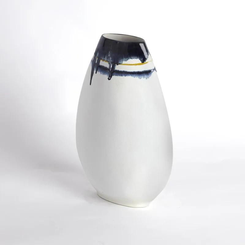 Elegant Porcelain Table Vase with Hand-Painted Blue and Yellow Drip