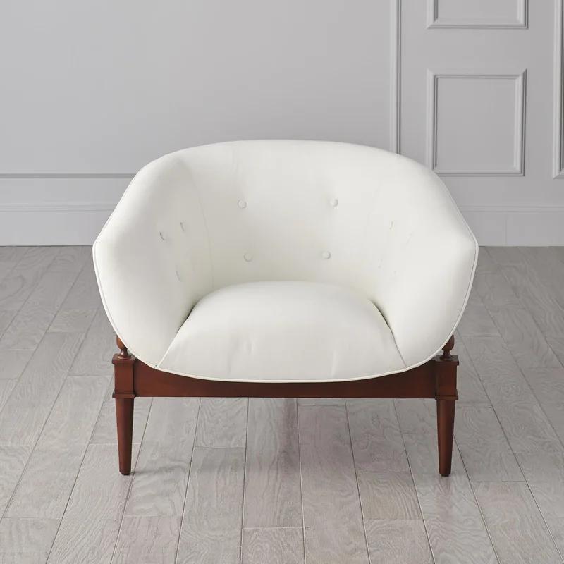Mimi Barrel Chair in White Genuine Leather with Walnut Oak Frame