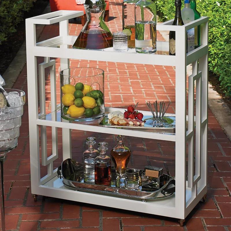 Mid-Century Geometric Grid Block Bar Cart with Brass Wheels