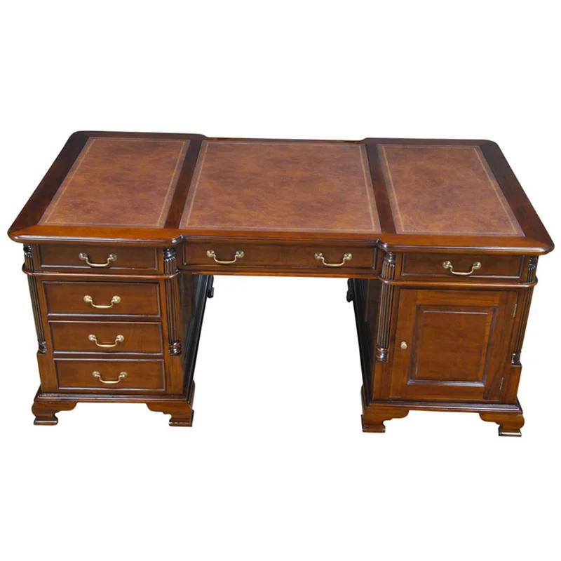 English Antique Inspired Mahogany Brown Leather Writing Desk