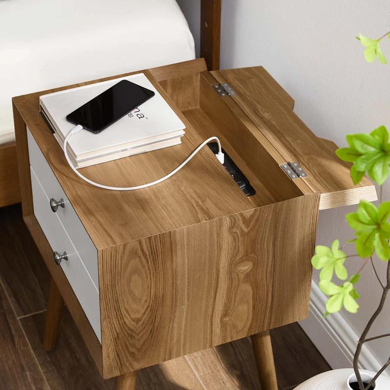 Mid-Century Modern 2-Drawer Nightstand with USB Ports in Natural White