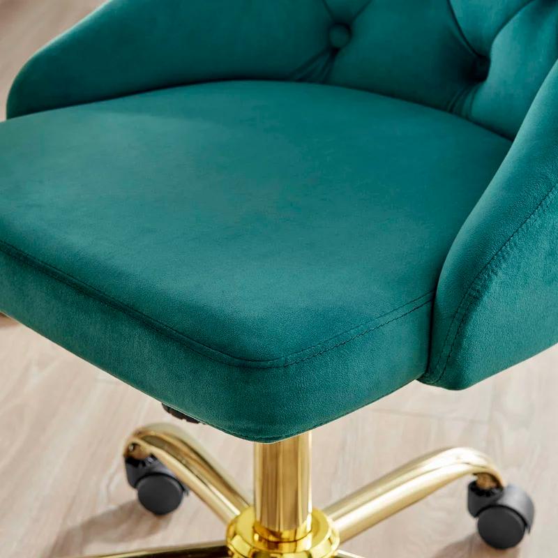 Elegant Tufted Gold Teal Swivel Task Chair with Velvet Upholstery