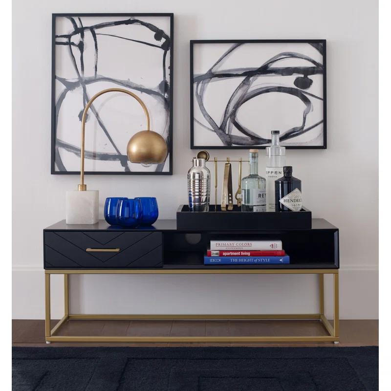 Tommy Hilfiger Tommy Hilfiger Ellias Modern TV Console Stand with 1 Drawer, Glossy Black Top, Golden Metal Frame