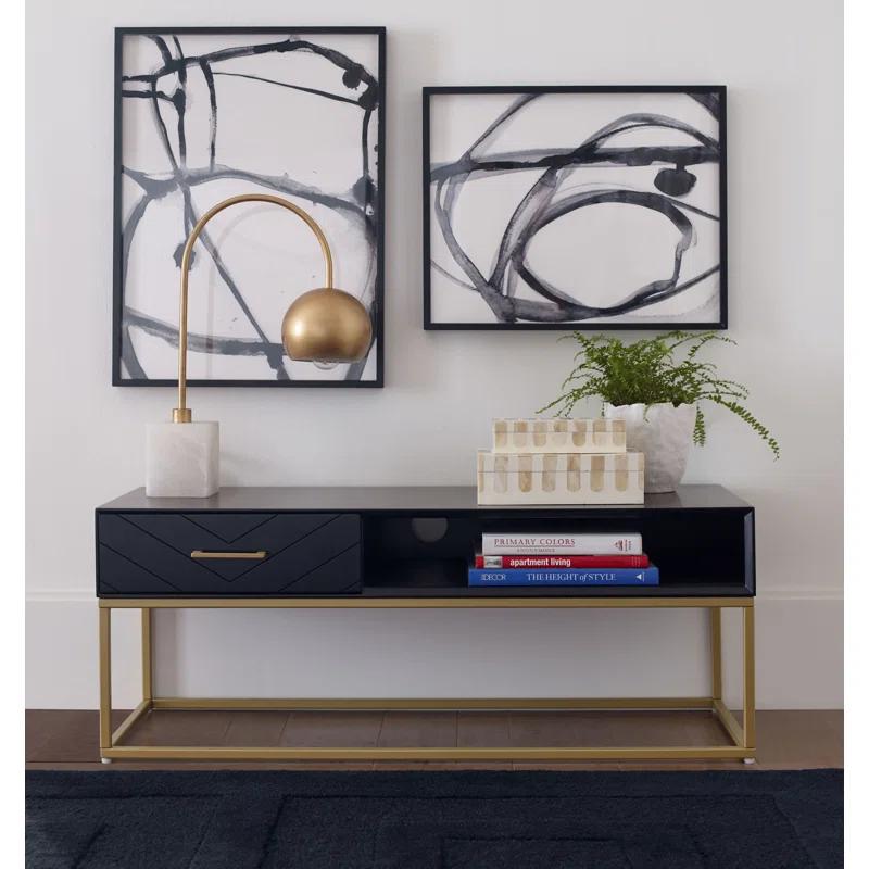 Tommy Hilfiger Tommy Hilfiger Ellias Modern TV Console Stand with 1 Drawer, Glossy Black Top, Golden Metal Frame