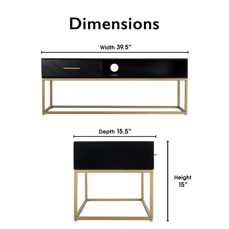 Tommy Hilfiger Tommy Hilfiger Ellias Modern TV Console Stand with 1 Drawer, Glossy Black Top, Golden Metal Frame