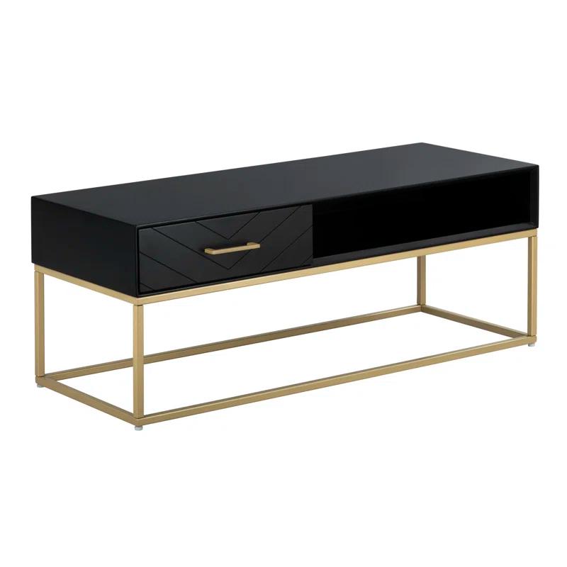 Tommy Hilfiger Tommy Hilfiger Ellias Modern TV Console Stand with 1 Drawer, Glossy Black Top, Golden Metal Frame