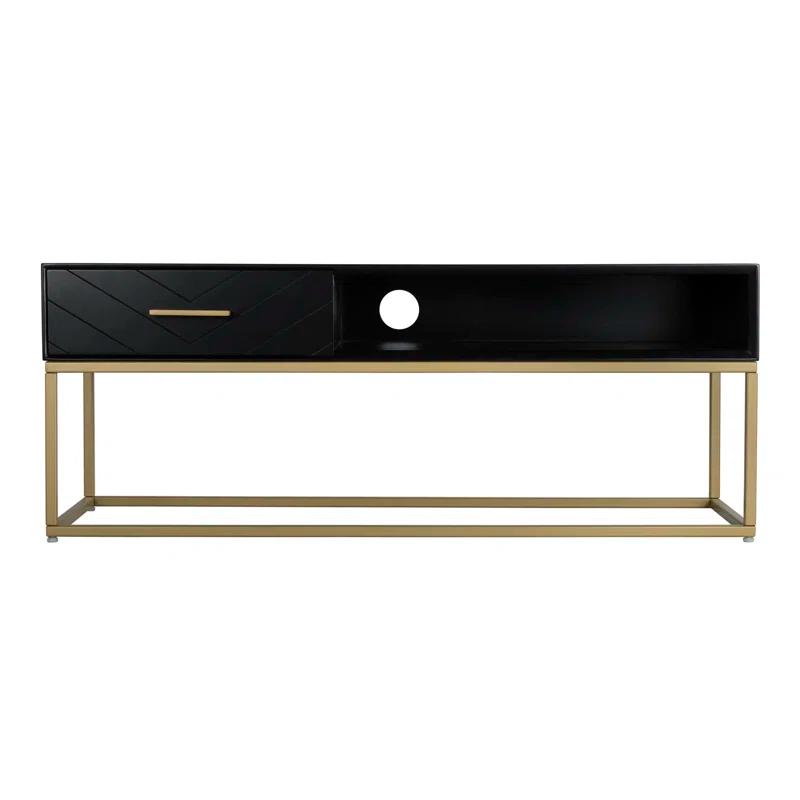 Tommy Hilfiger Tommy Hilfiger Ellias Modern TV Console Stand with 1 Drawer, Glossy Black Top, Golden Metal Frame