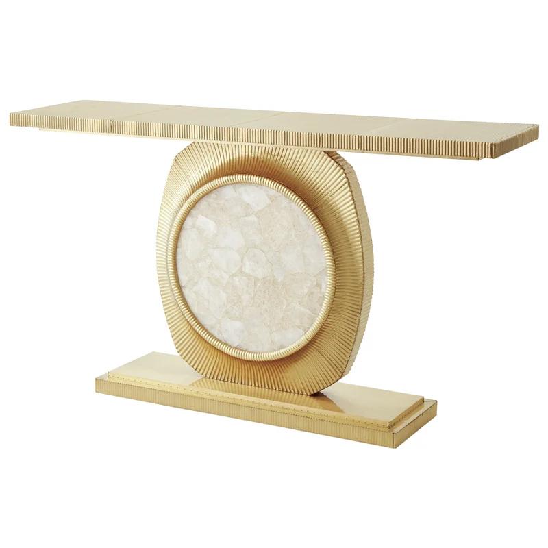 Opera Fluted Gold Brass Console with Quartz Stone Insert