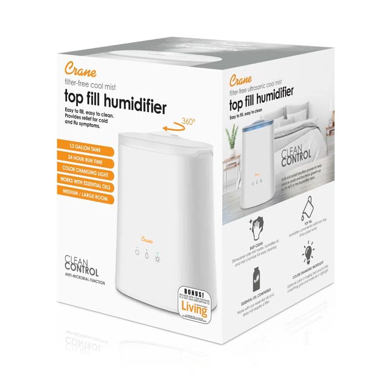 Crane USA 1.2 Gal. Cool Mist Ultrasonic Tabletop Humidifier 500 Sq. Ft., With Night Light, For Bedroom
