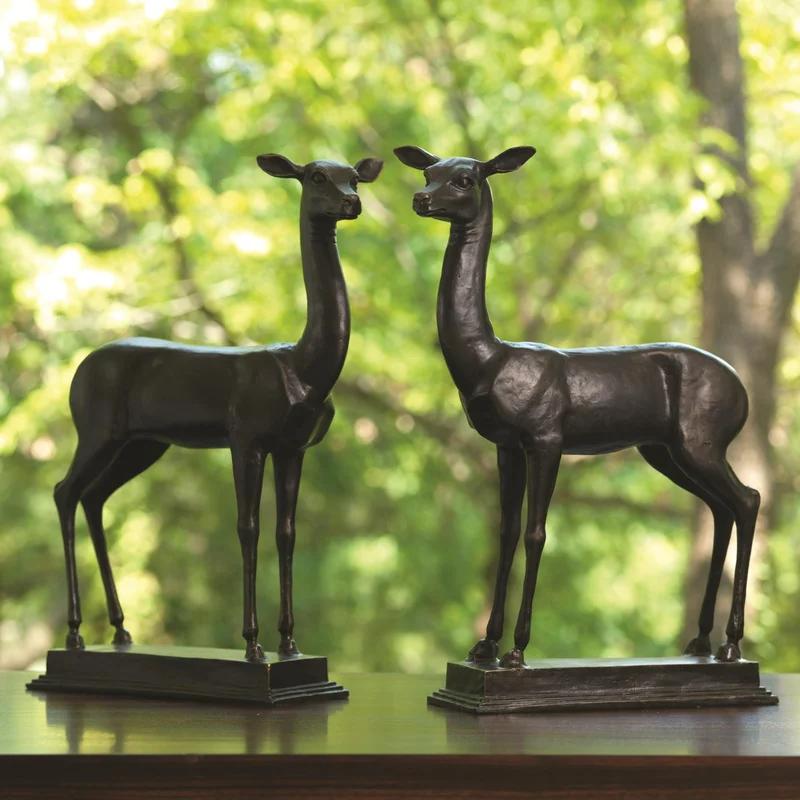 Natural Wood Fawn Sculpture Pair