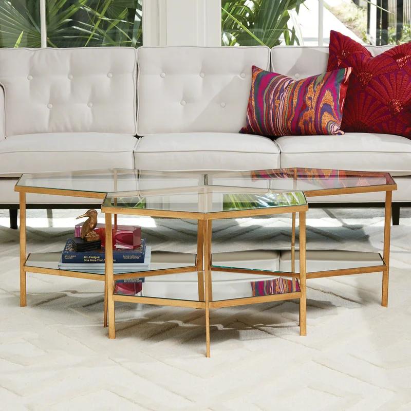 Gold Leaf Geometric Round Mirrored End Table with Shelf