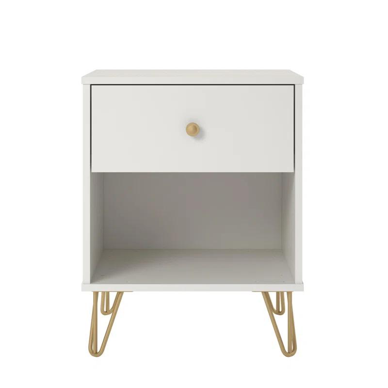 Finley Mid-Century Modern White and Gold 1-Drawer Nightstand