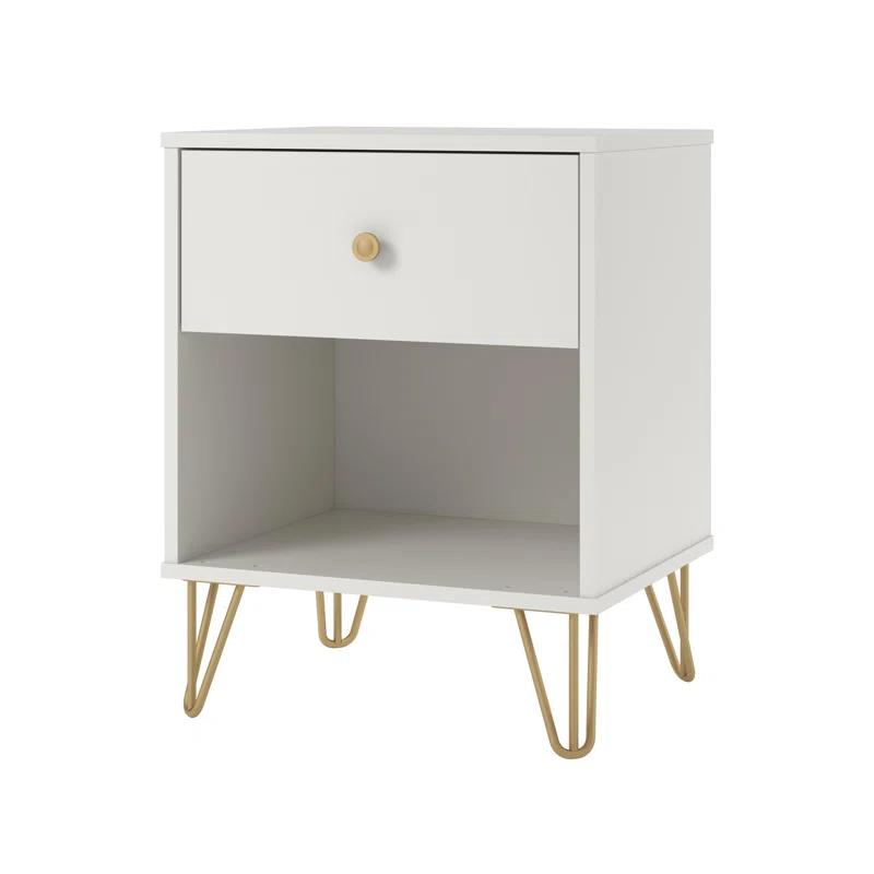 Finley Mid-Century Modern White and Gold 1-Drawer Nightstand