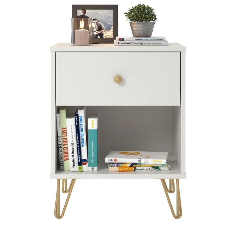 Finley Mid-Century Modern White and Gold 1-Drawer Nightstand