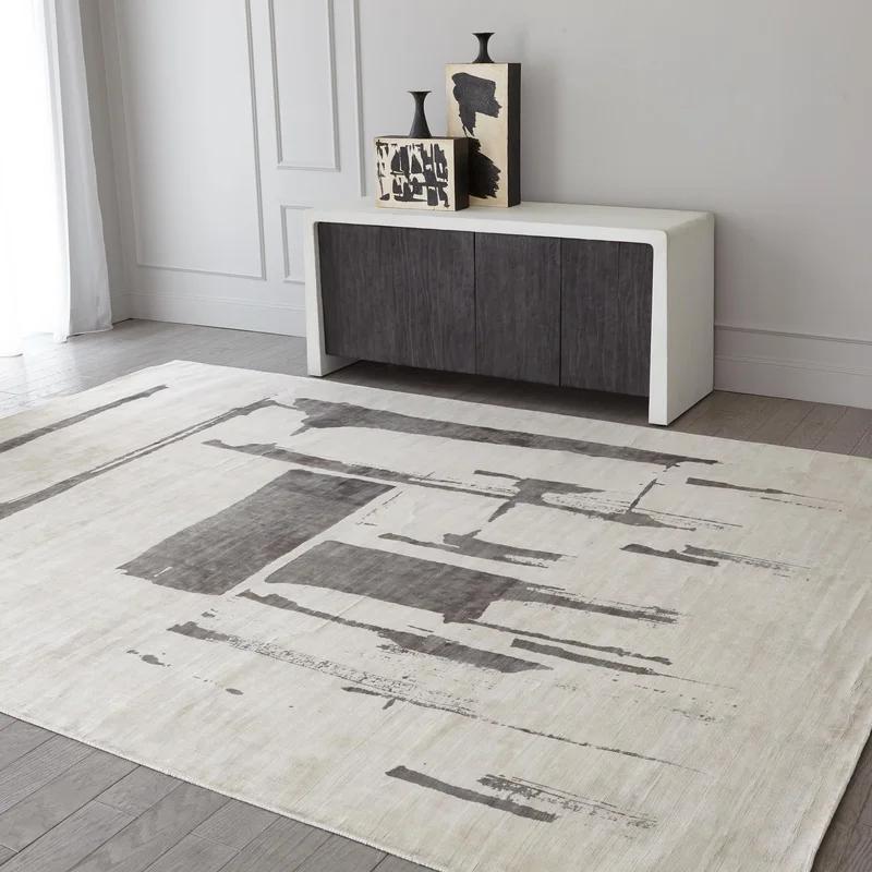 Edifice Abstract Cream/Charcoal Hand-Knotted Wool & Silk Rug 5' x 8'