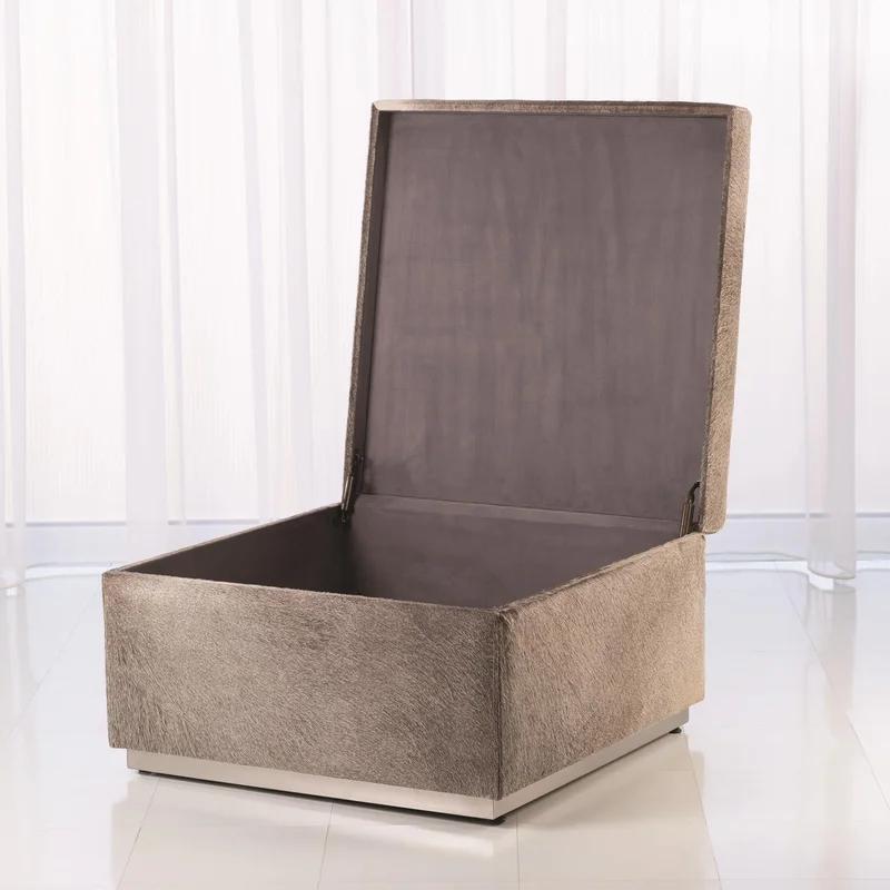 Luxurious Grey Cowhide Leather Square Storage Ottoman with Silver Accents