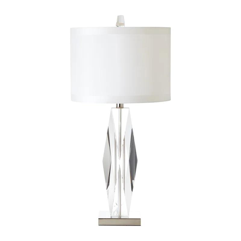 Elegant Nickel Finish Faceted Crystal 1-Light Lamp with White Silk Shade
