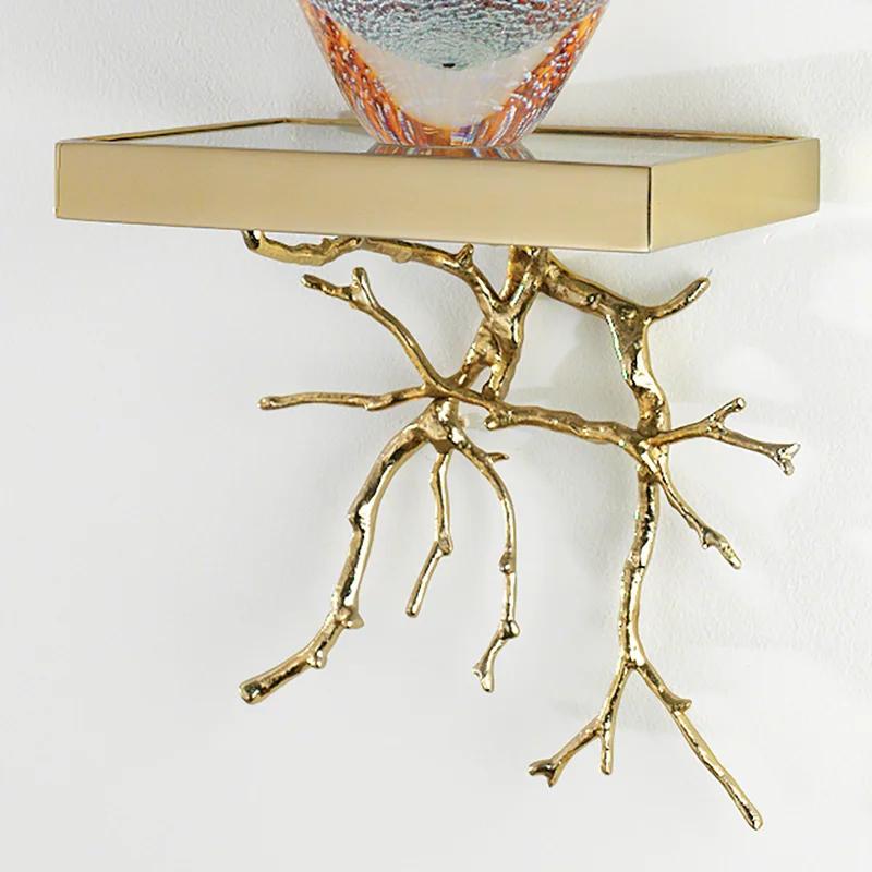 Elegant Brass Twig Floating Glass Wall Shelf