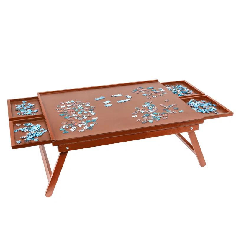 Elegant Wooden Puzzle Organizer Board with Storage and Foldable Legs