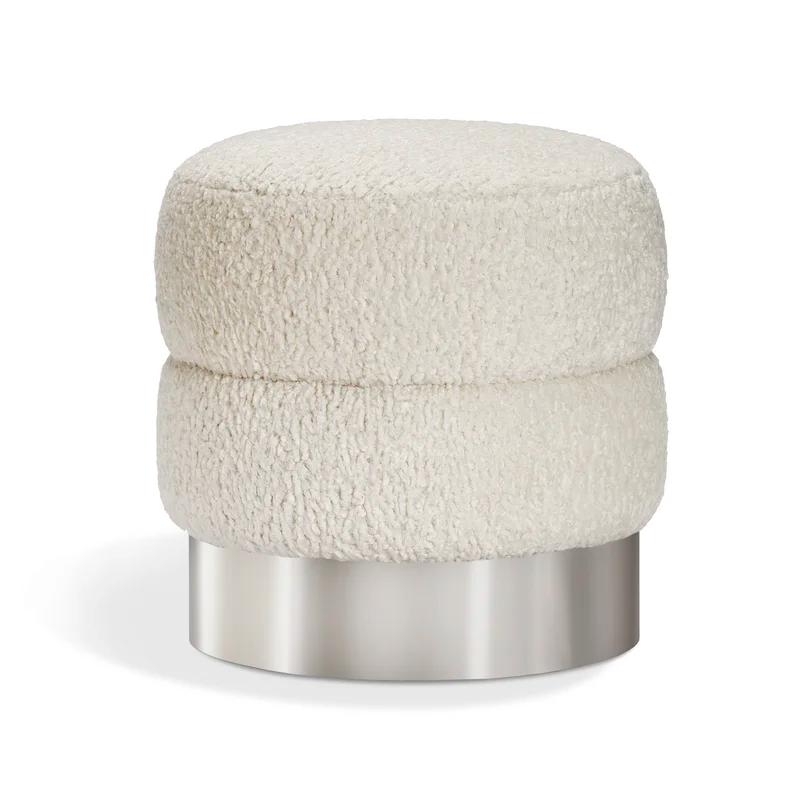 Charlize Cream Boucle Round Accent Stool with Polished Nickel Base