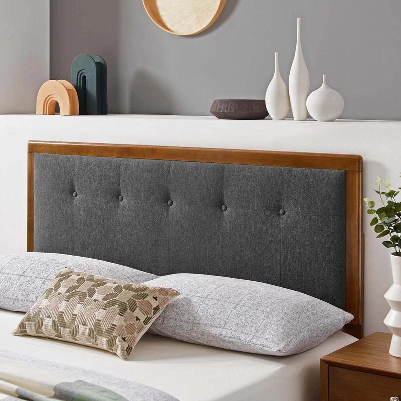 Mid-Century Walnut Charcoal Tufted Queen Headboard with Wood Frame