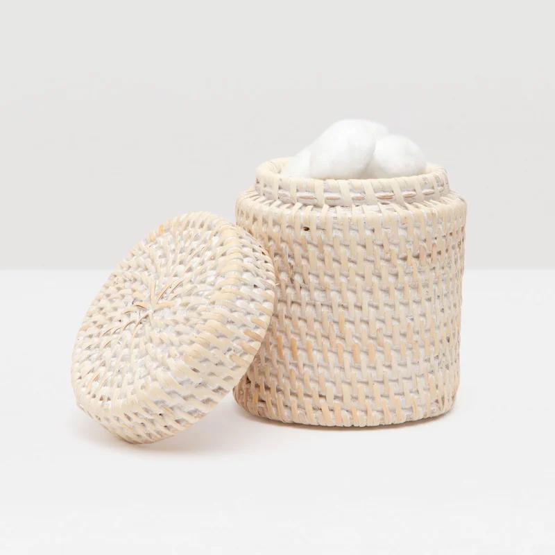 Whitewashed Rattan Round Storage Canister with Stitched Details