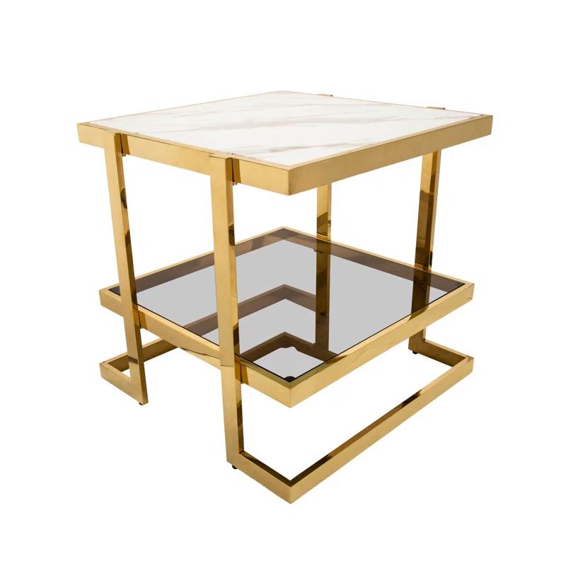 Mercer41 Atli Modern 24" Accent Table with Marble-Look Top, Glass Shelf & Gold Metal Geometric Frame for Living Room or Bedroom