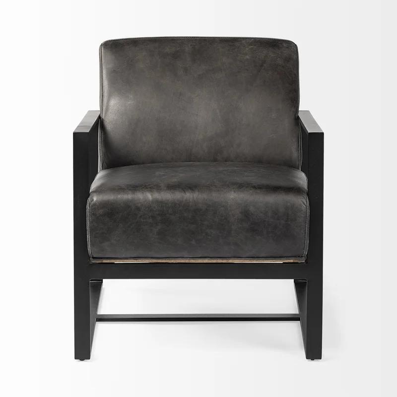 Stamford 31.9'' Black Genuine Leather and Metal Armchair