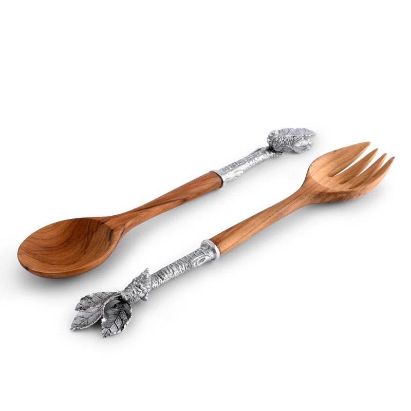 13" Acacia Wood and Pewter Song Bird Salad Servers