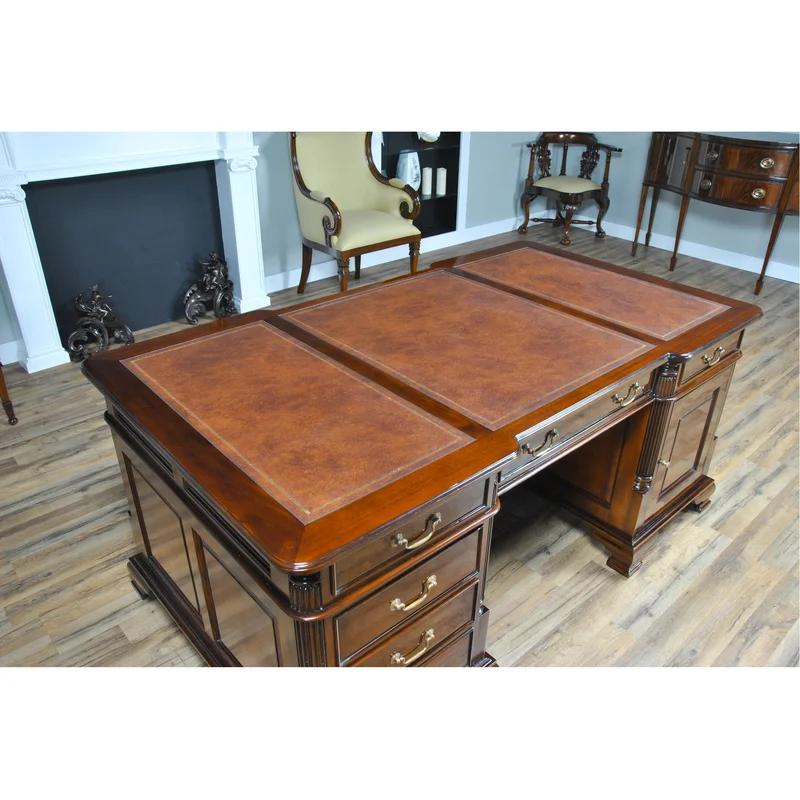 English Antique Inspired Mahogany Brown Leather Writing Desk