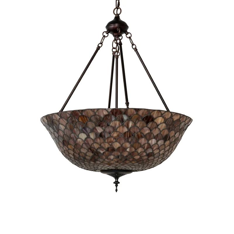 Mauve Beige Fishscale Pattern 3-Light Globe Pendant in Mahogany Bronze