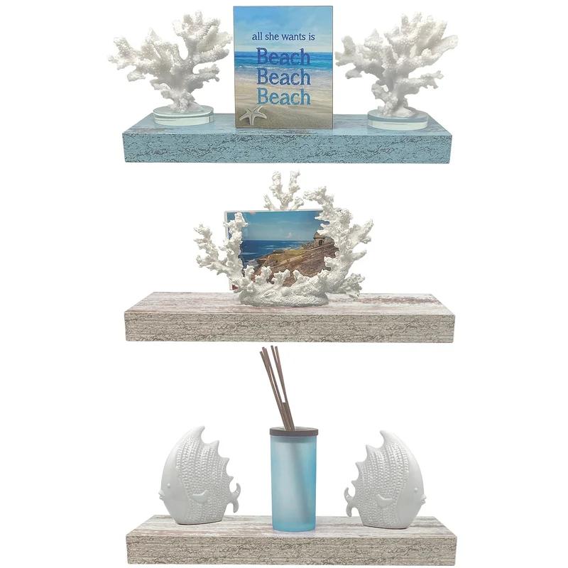 Coastal Breeze Blue and White Floating Wall Shelves, Set of 3